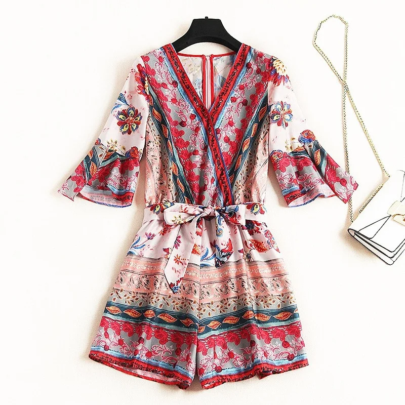 Shuchan Women Jumpsuit Beach Style Geometric Print Chiffon Rompers Womens Playsuits with Short Sleeve V-neck Clothing 12033 Shuchan Women Jumpsuit Beach Style Geometric Print Chiffon Rompers Womens Playsuits with Short Sleeve V-neck Clothing 12033