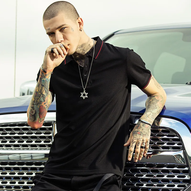 

2019 fashion city spring summer lapel men's Europe tide brand men's black print hip hop polo shirt bottoming shirt
