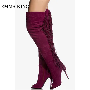 

EMMA KING Solid Side Tassel Studded Thigh High Boots Flock Open Toe High Heels Over The Knee Boots Women Zapatos Fringe Boots