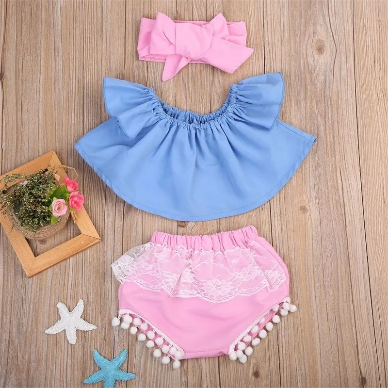 

3PCS Infant Kids Baby Girl Off Shoulder Top Tank+Short Pants Outfit Clothes Set