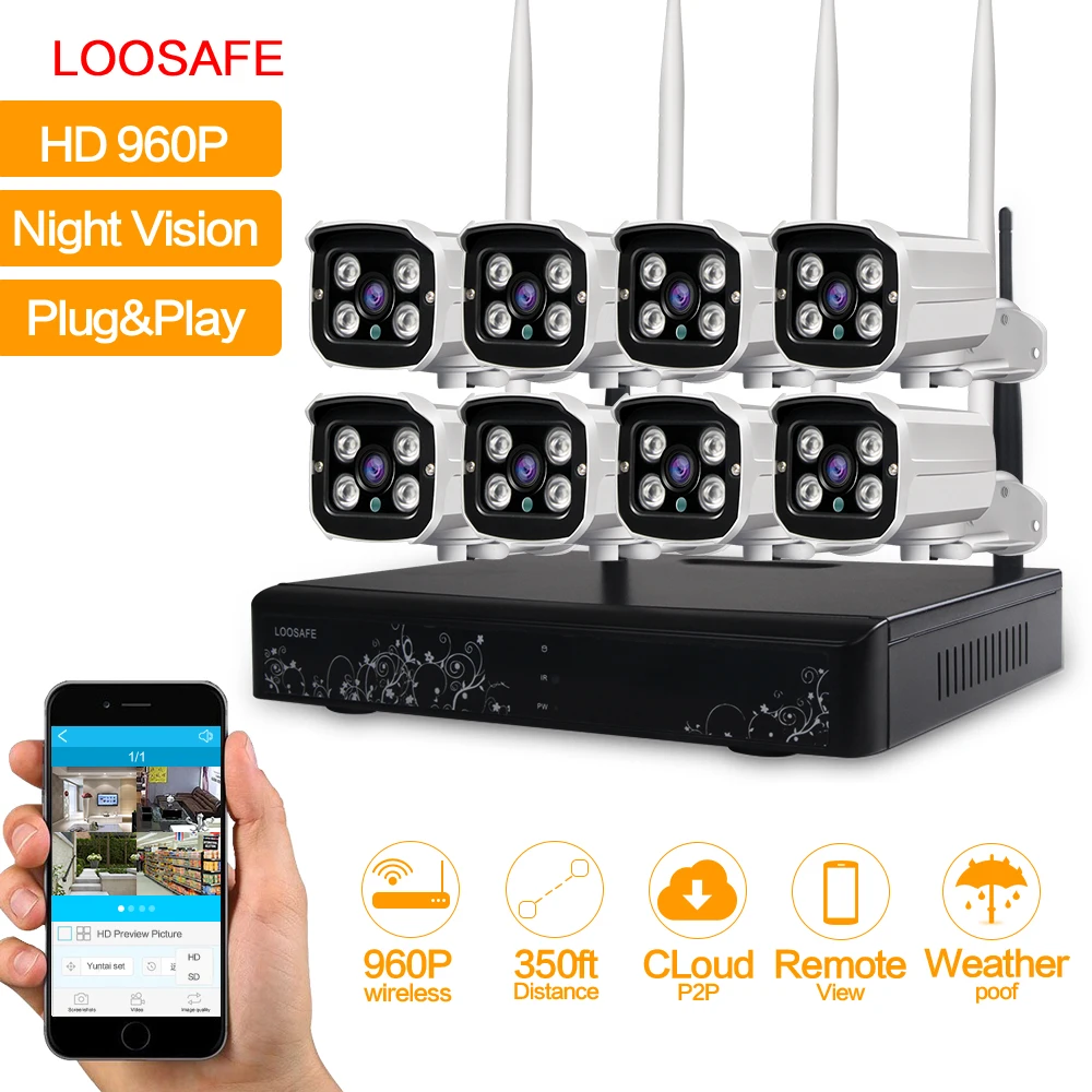  LOOSAFE HD 960P Outdoor Surveillance Camera System 8CH NVR Kit CCTV Home Security Camera System Wireless WIFI IP Camera System 