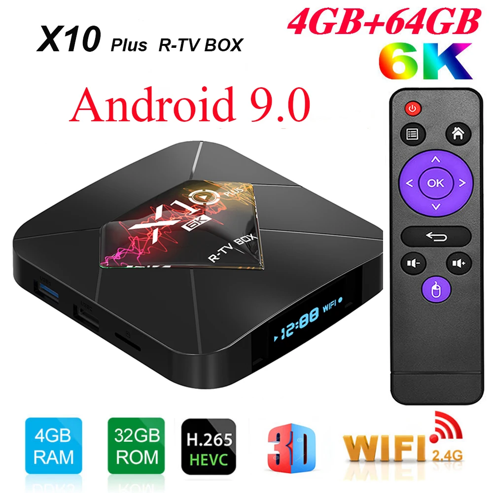 Baratos R TV caja X10 Plus Android 9,0 Smart TV BOX Allwinner H6 2,4G WiFi 4GB RAM 32 GB 64 GB ROM Set Top Box USB3.0 H.265 6K reproductor de medios