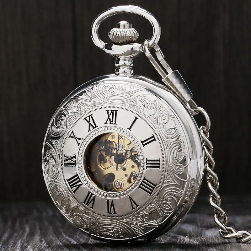 Двухместный Открыть Охотник серебряные карманные часы Механические римскими цифрами steainless стали часы с pin цепи Relogio де Bolso P803C