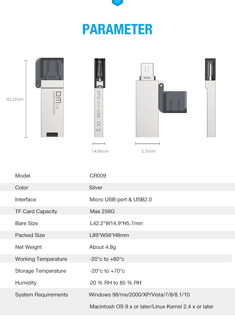 DM OTG картридер CR009 Micro SD TF Multi чтения карт памяти для Andriods смартфонов с Micro USB интерфейс