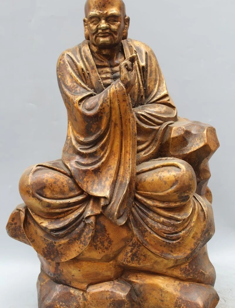 

16" Chinese Buddhism Bronze Gild Seat Eighteen Arhats shaveling Monk Buddha