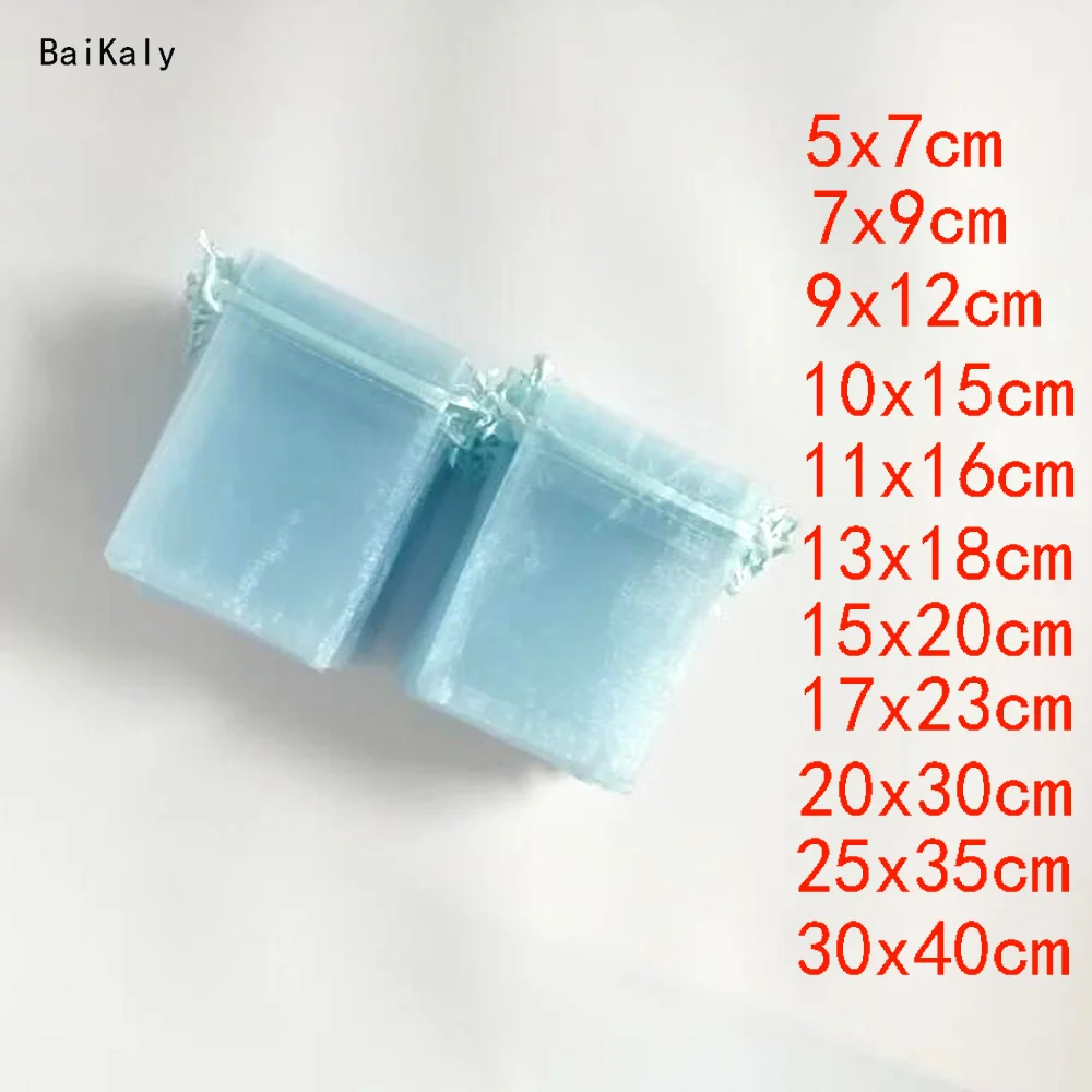 

Household 100pcs Drawable Sky Blue Small Big Organza Bag Favor Wedding Party Christmas Gift Bags Jewelry Packaging Bags Pouches
