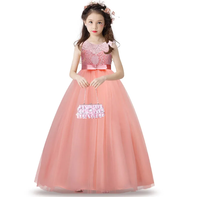 Высококачественное летнее Пышное кружевное платье из тюля с цветочным узором для девочек, кружевное платье с длинными рукавами для девочек элегантное платье принцессы с цирконием для выступлений на фортепиано - Цвет: Pink