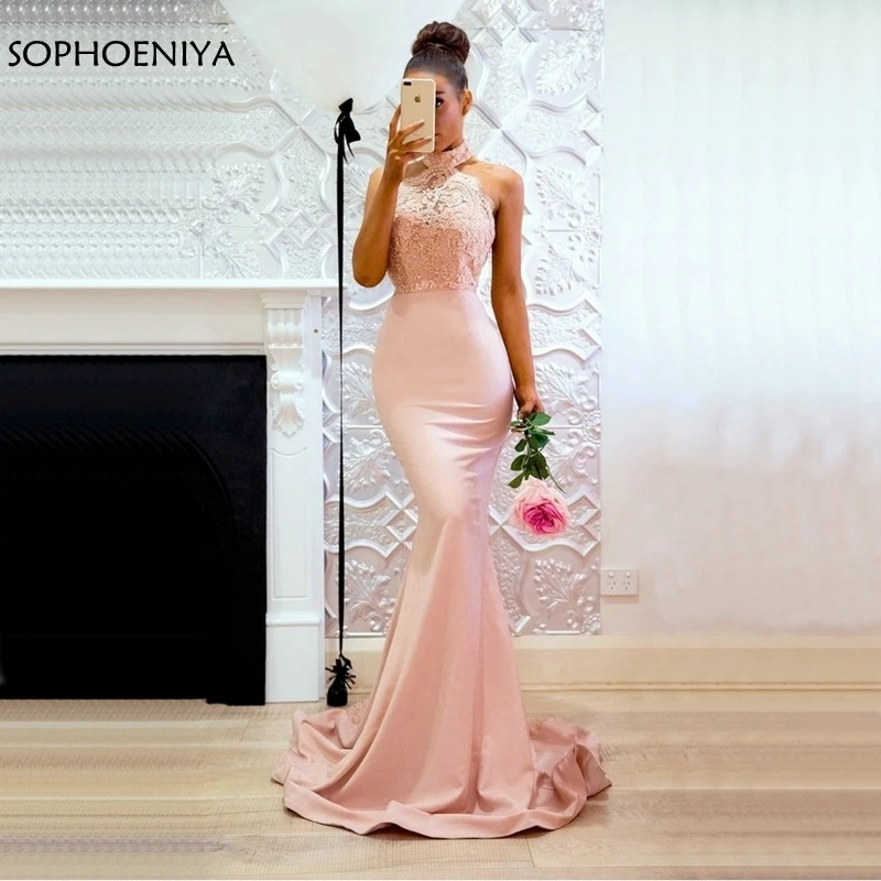 New Arrival Pink Mermaid Evening Gowns 2019 Cheap Evening Dresses Long Halter-Neck Elastic Satin Appliques Lace evening dress