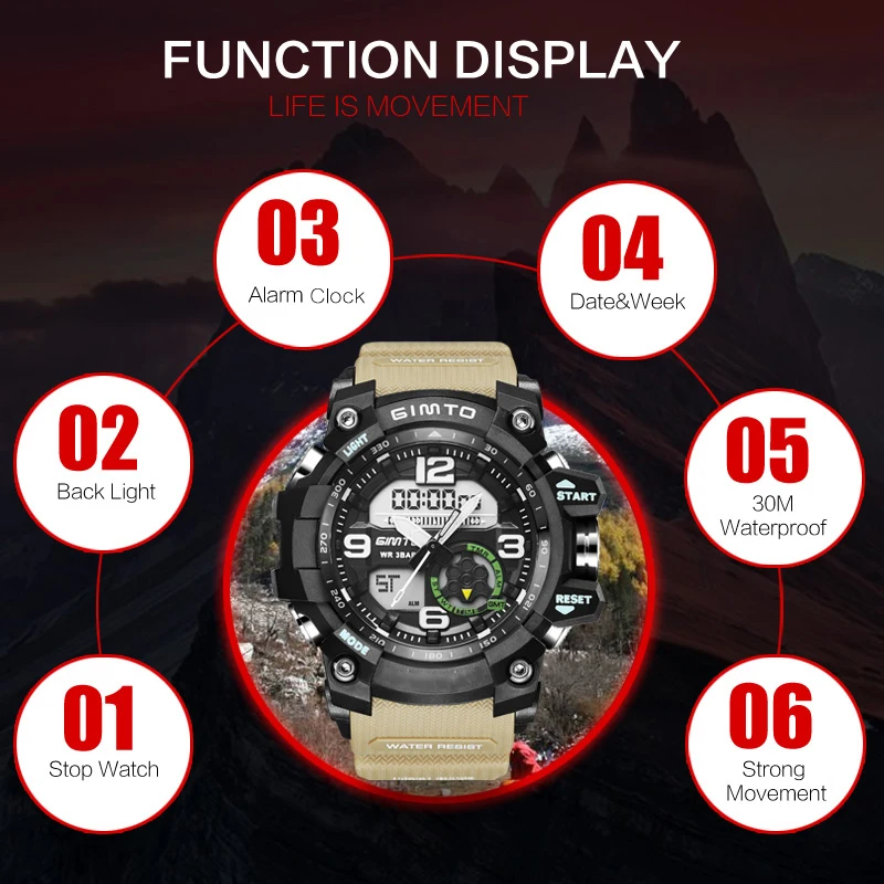 GIMTO Cool Outdoor Sport Digital Watch Men Dual Display Waterproof Silicone Shock Clock Military Male Watches Relogio Masculino