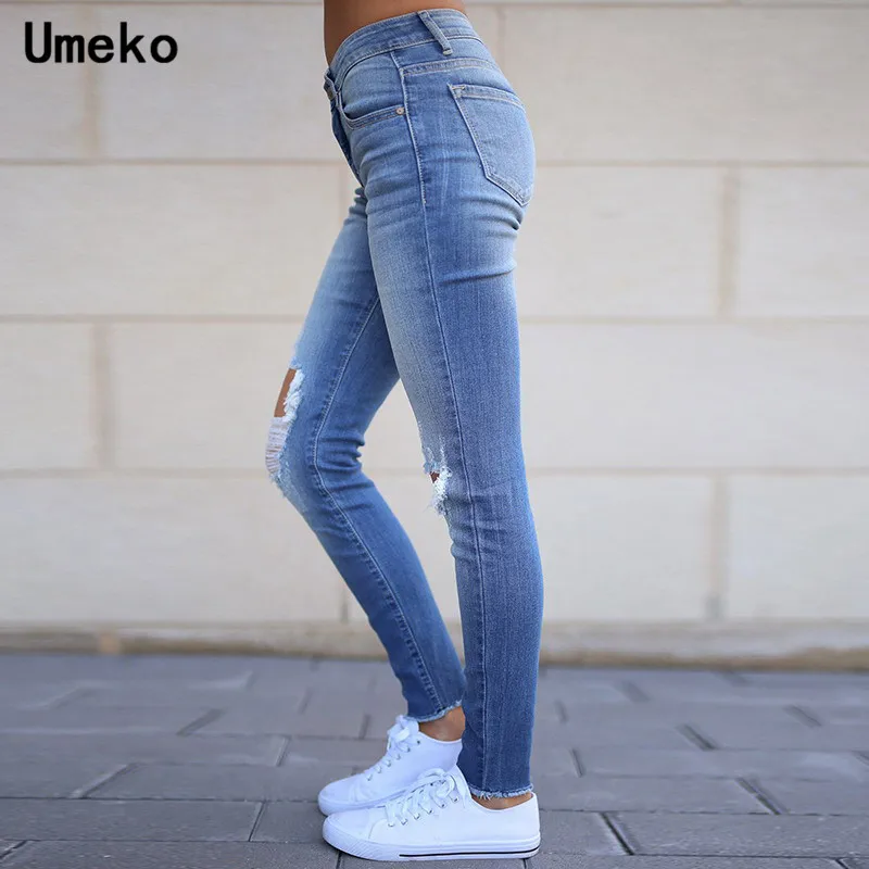 Umeko, осенние модные Синие рваные джинсы для женщин, деним, высокая талия, женские джинсы, Стрейчевые длинные штаны для девушек,, женские брюки s
