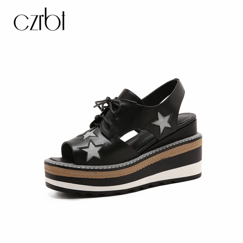 

CZRBT 2018 Platform Shoes Women Genuine Leather Peep Toe Sandals Women Star Casual Shoes Thick Bottom Height Increasing Shoes