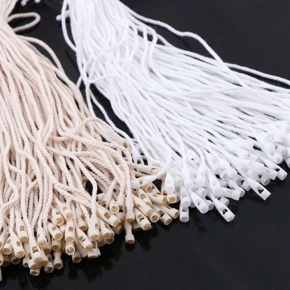 Plastic Tags 100PC /lot Plastic Tag White Beige Black Hang Tag Polyester Rope String Snap Lock Pin Loop Tie Fasteners