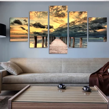 

5 Piece Sunset Ocean Pictures Unique Gift For Home Decoration Art Picture Seascape Wall Art Wooden Bridge Painting On Canvas