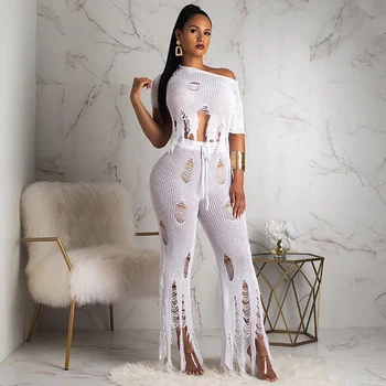 

Sexy Matching TWO PIECE SET Irregular Pants Wide Leg Hollow Out Crop Top Tassel Knitted Sweater Summer Outfits Festival Clothing