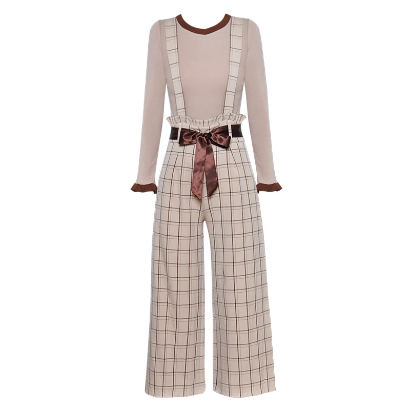 

New Women Knitted Cotton Long Sleeve Top And Plaid Long Trousers Set J9206