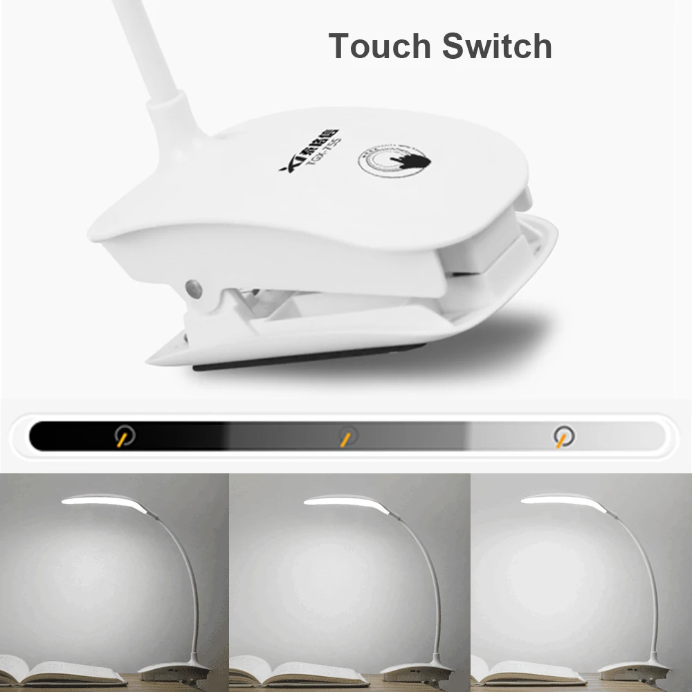  Table Lamp Rechargeable Dimmable LED Desk Lamp Clip on Bed Touch Switch Eye Protection Dimmer Offic