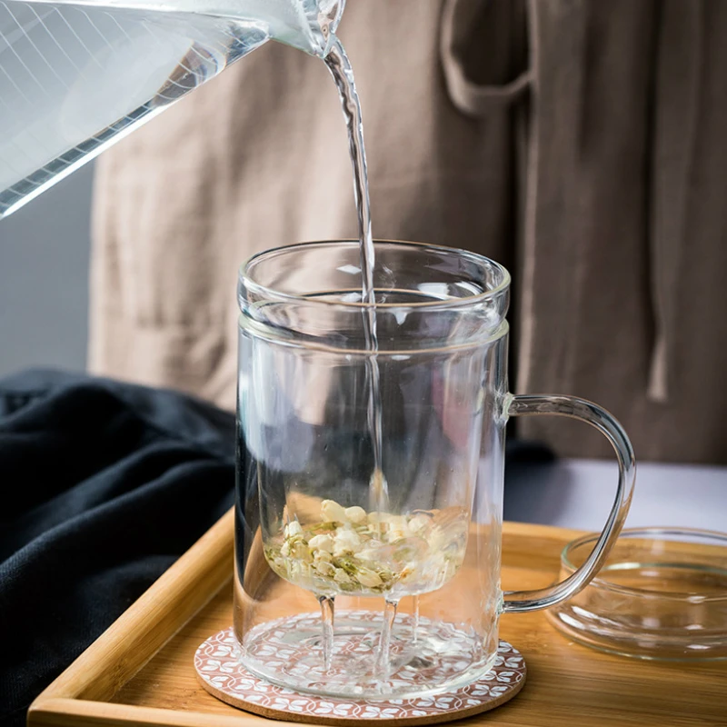 Прозрачная чайная кружка с фильтром 400 мл и крышкой ручкой стеклянная чашка