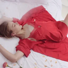 Летняя сексуальная ночная рубашка, женская ночная рубашка с длинным рукавос, костюм для сна, домашнее платье, кружевное шелковое платье на бретельках, два костюма, Одноцветный Халат