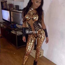 Сексуальный комбинезон с золотыми блестками, яркий вечерний наряд, Вечерние боди с блестящими кристаллами, цельный дизайнерский сценический Облегающий комбинезон
