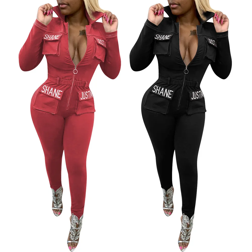 Woman Letter Print Embroidery Casual Overalls V-neck Zipprt Slim Bodycon Club Outfit Pocket Woman Romper Tracksuit Jumpsuit 