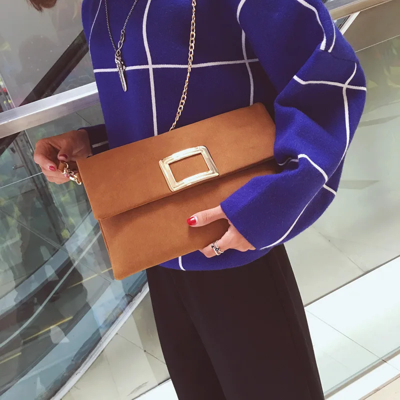 

BARHEE Designer Fashion Women Handbag Retro Faux Suede Leather Women Clutch Bag Messenger Bag Envelope Handbag Chains Strap