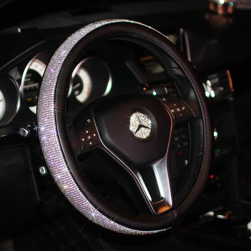 Luxury Car Steering Wheel Cover for Women Girls Leather Crystal Rhinestone covered Steering Wheel Covers Interior