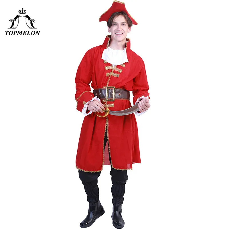 TOPMELON Red Coats Costume Mens Pirate Long Cosplay Tops with Hat Belt