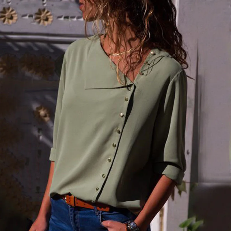 

womens tops and blouses Button irregular diagonal collar long sleeve loose female chiffon shirt woman clothes plus size tops