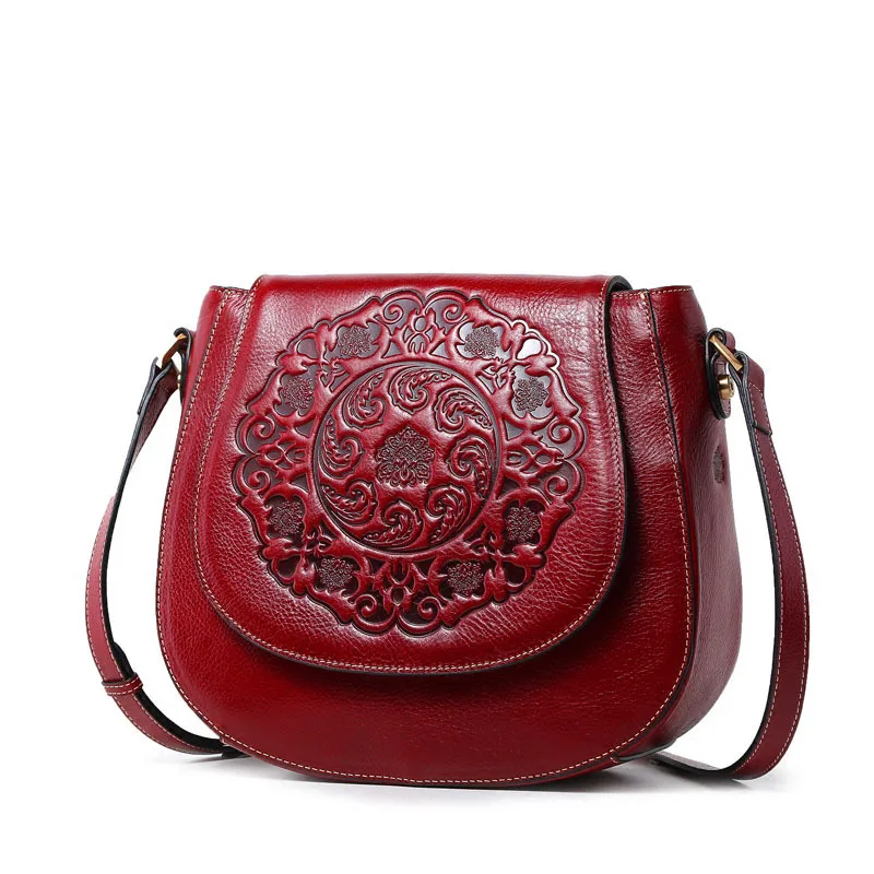 

New first layer cowhide diagonal female bag retro embossed saddle bag fashion shoulder leather bag manufacturers sales