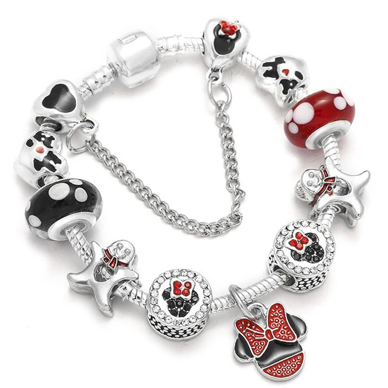 Аутентичный цвет серебра талисман браслет с Микки Минни Кристалл бусины Прекрасный браслет для женщин дети ювелирные изделия подарок дропшиппинг