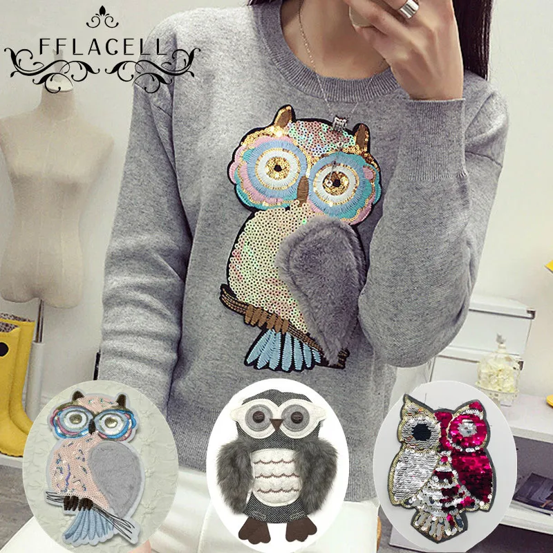 

FFLACELL Paillette Large owl Fabric Applique DIY Embroidery Sequin Patches for clothing Sew