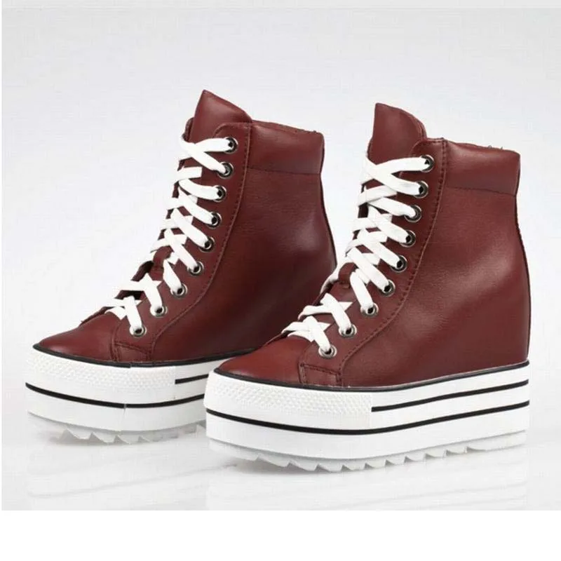 Women High Quality 111% All Genuine Leather Hidden Wedges Heel Casual Shoes Top Lace Up Platform Thick Bottom Elevator Boot | Обувь