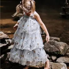 Летнее платье для девочек в европейском стиле; детское праздничное платье с вышивкой из тюля; модное Эксклюзивное платье для девочек; милые детские платья; одежда