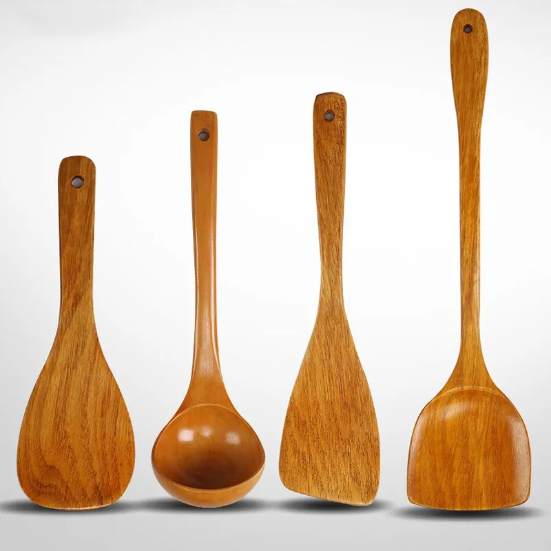 

New Kitchen Cooking Tools Sets 4pcs Environmentally friendly logs Utensil non-stick pan long handle shovel Cuchara Spatula Set