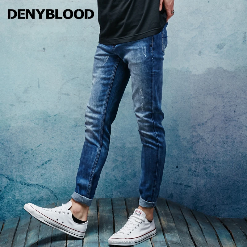 Denyblood джинсы мужские стрейч деним тонкий прямой проблемных Рваные омрачены мыть