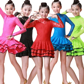 

6 Colors Girls Latin Dance Dress Long Sleeves Ballroom Dress Tango Dress Child Salsa Dance Dresses Kids Competition Dancewear