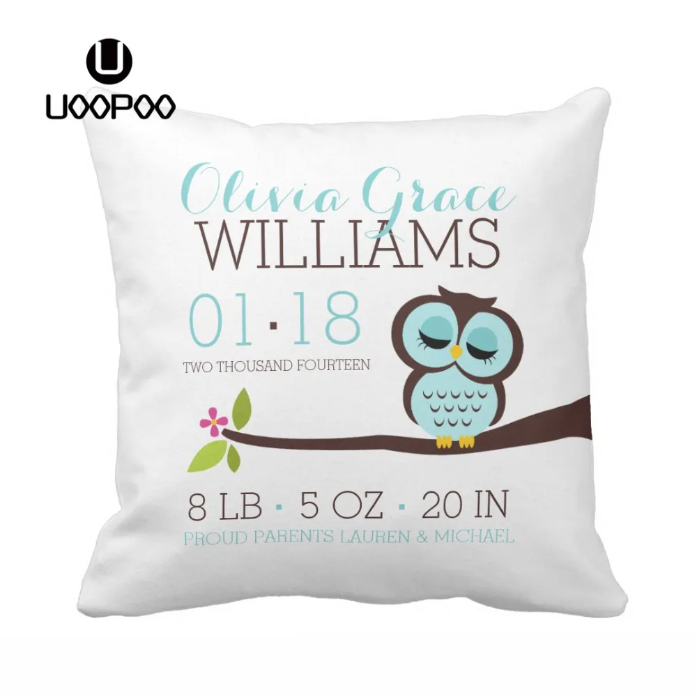 

Personalized Cute Owl Baby Birth Announcement Throw Pillow Cover Soft Polyester Home Decorative Cushion Cover for Baby Room