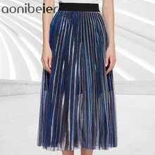 Aonibeier Женская весенне-летняя сетчатая плиссированная юбка с эластичной высокой талией, светоотражающая подкладка, красивая повседневная юбка миди для девочек