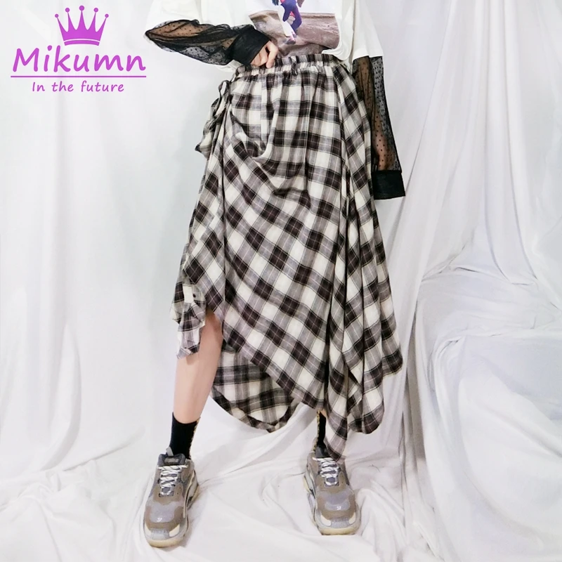 Harajuku женские юбки готичный Панк Стиль клетчатые юбки Для женщин Высокая талия на шнуровке нерегулярные решетки Повседневное юбки