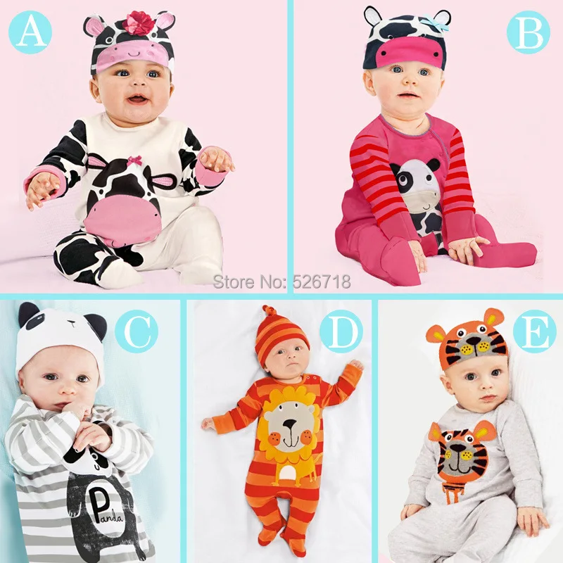 

2015 New Spring Cartoon Animal Newborn Unisex Baby Clothes Cotton Long-sleeve Baby Rompers+Hat Infant Baby Costume High Quality