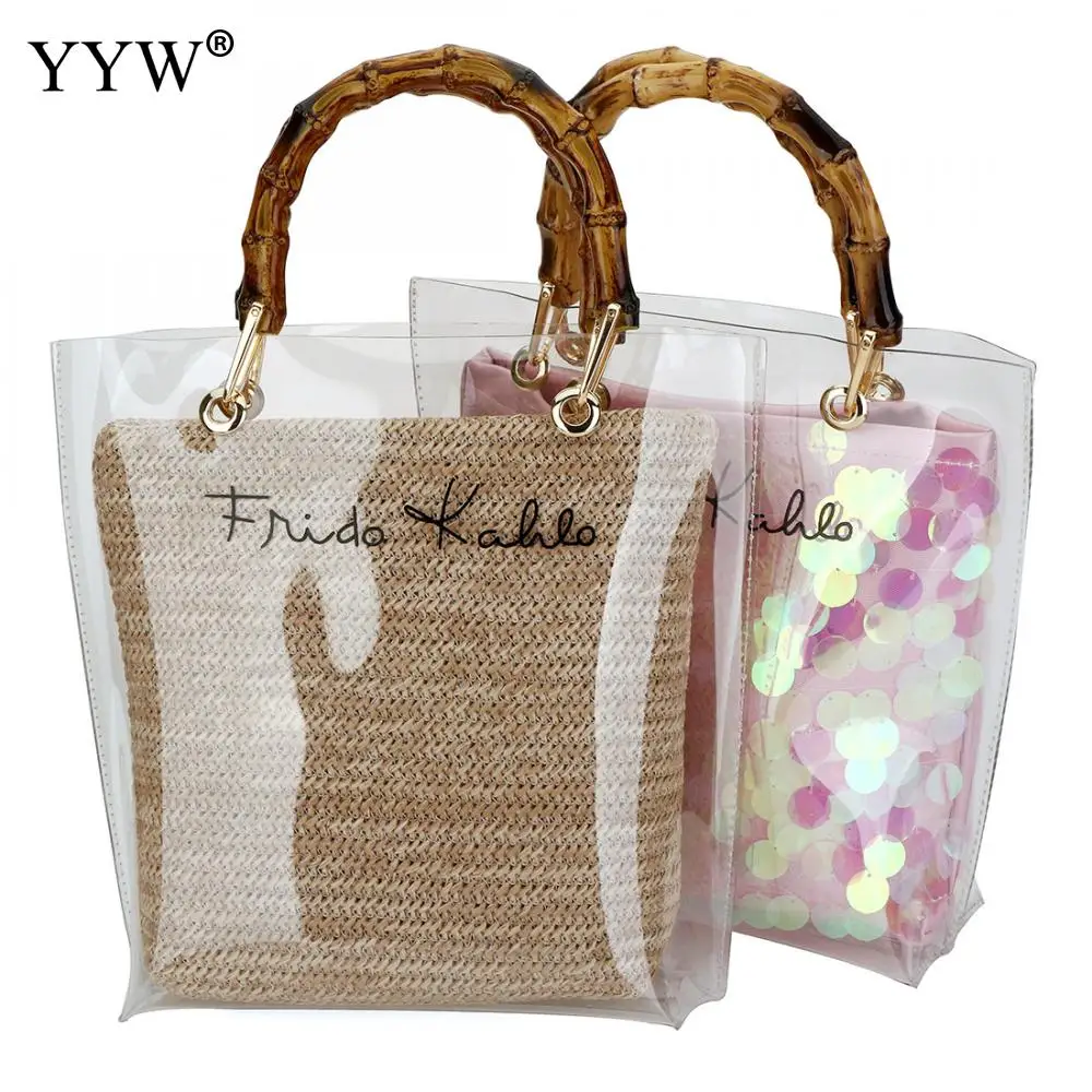Fashion PVC Jelly Bag Handbag 2 Layer Transparent Handbag Straw Letter