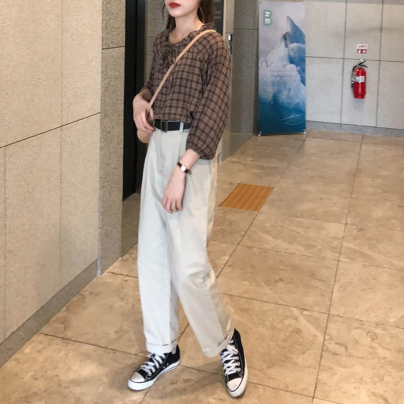 

2019 spring and autumn korean style loose plaid shirts womens long sleeve blouses womens (X287)