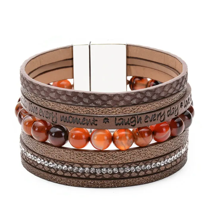 

Bright Moon Fashion Multi-layer Leather Woven Bracelet Natural Stone Magnet Buckle Bracelet Unisex Gift for Friend