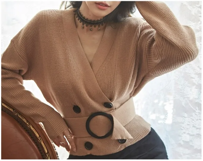 New High Quality Warm Cardigan Winter Women V Neck Double Breasted Short Sweaters Women Casual With Belt Knit Sweater DS50816
