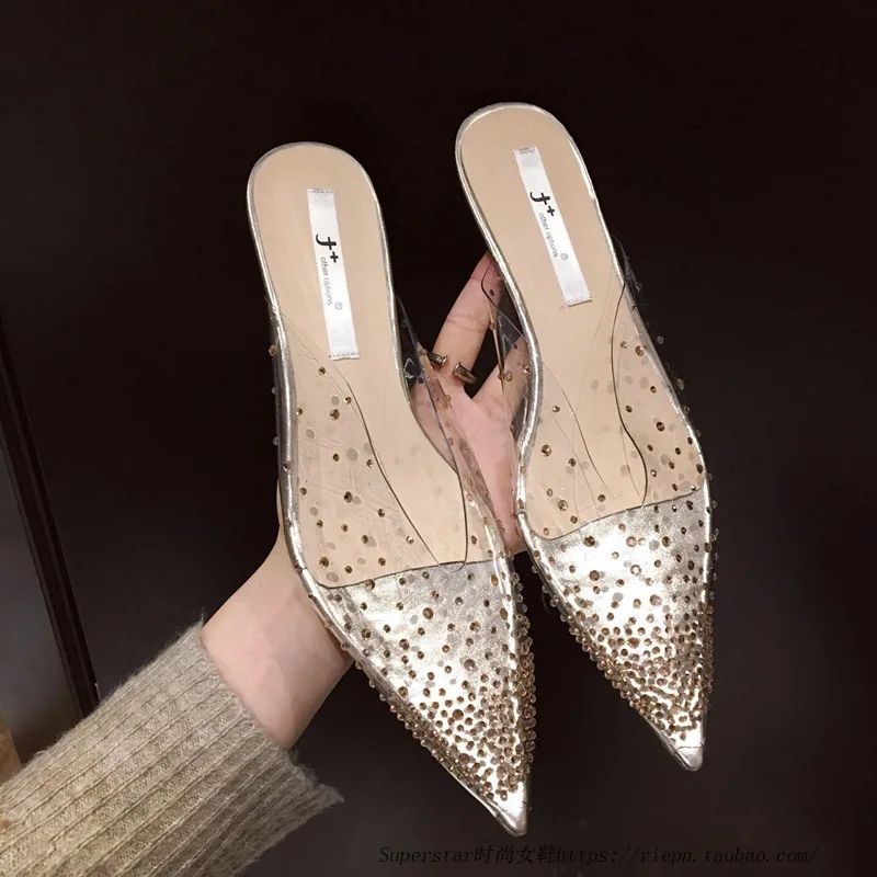 

HEE GRAND Women Sandals Transparent Rhinestone Shoes Ladies Mid-Heeled Heels Summer 2019 New Muller Female Slippers XWD7766