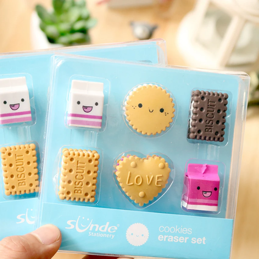 Milk /& Cookie Eraser Set Rubber Food Novelty Stationery Gift Back to School