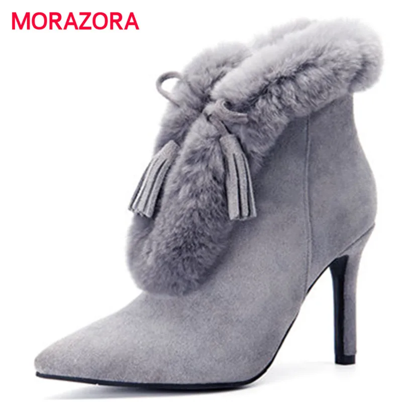 

MORAZORA 2018 new super high heel ankle boots for women stiletto heel pointed toe boots autumn winter cow suede leather boots