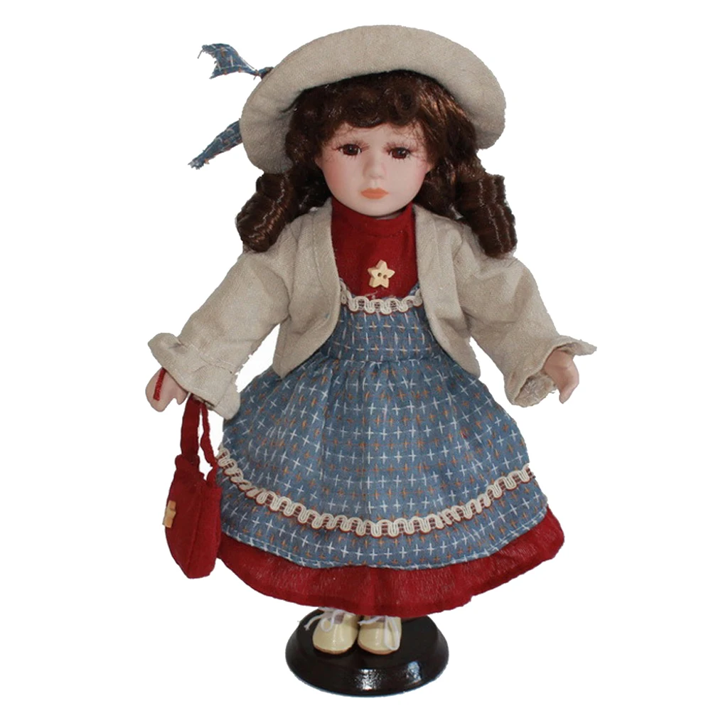 

Birthday Gift - 30cm Excellent Workmanship Doll DIY Accessory Vintage Porcelain Lady Girl Doll in Blue Dress with Display Stand