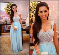 vestidos de fiesta 2014 A-line Sleeveless Custom Made Beaded Pearls Bodice Blue Sexy Long Elegant Prom Dresses