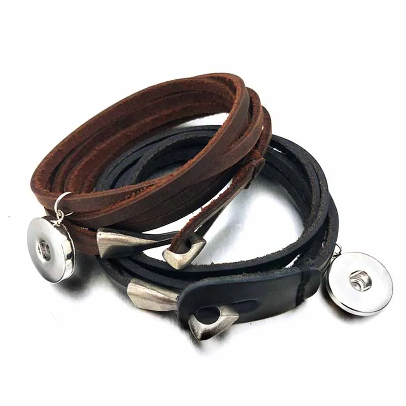 

Hot 129 Multi-turn Original Genuine Leather Retro Interchangeabl 18mm Snap Button Charm Bracelet Jewelry For Women Men Gift 50cm